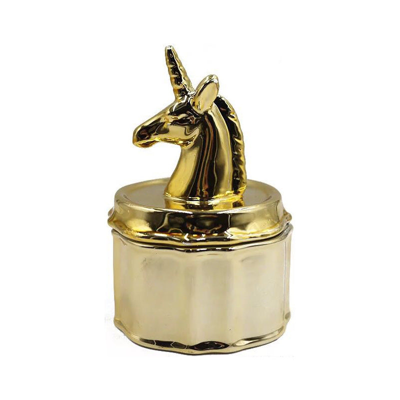 Ceramic Storage Jar with Gold-Tone Unicorn Lid