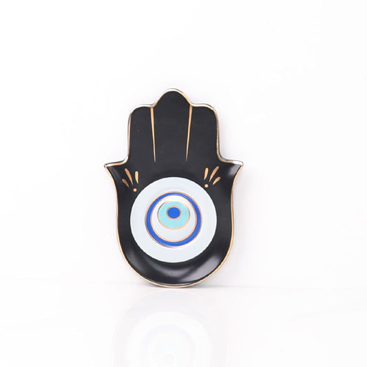Black Hamsa-Hand Ceramic Trinket Tray with Gold-Tone Rim